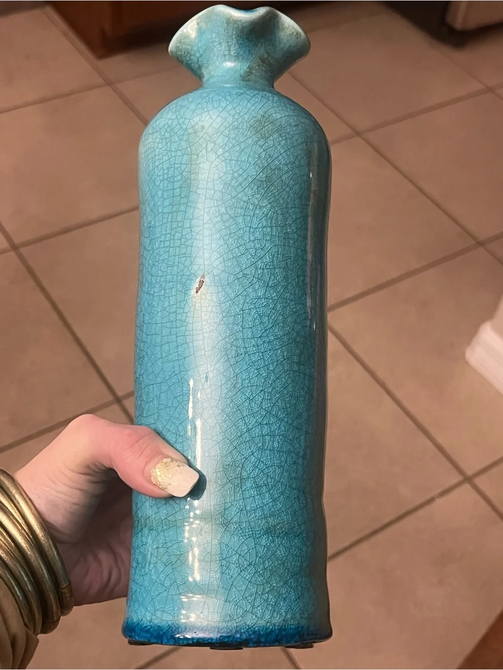 Teal Ceramic Decorative Vase With Ruffle Lip - Picture 1 of 7